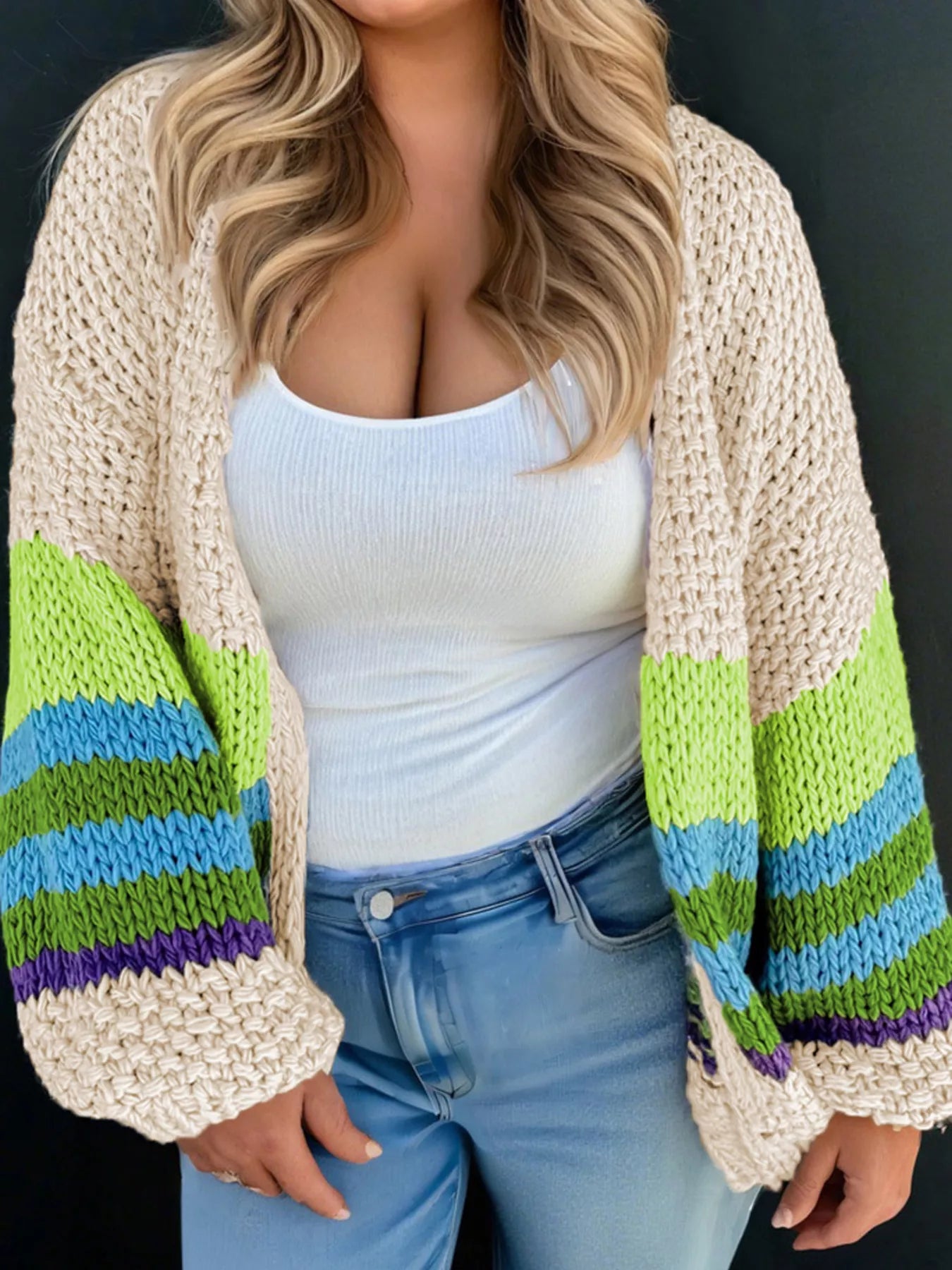 Plus Size Color Block Crochet Open Front Cardigan OutfitFlow