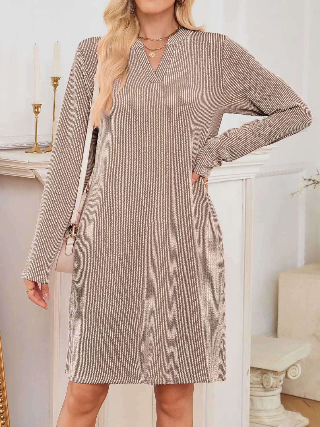 Casual Ribbed Knit Long Sleeve Dress Trendsi