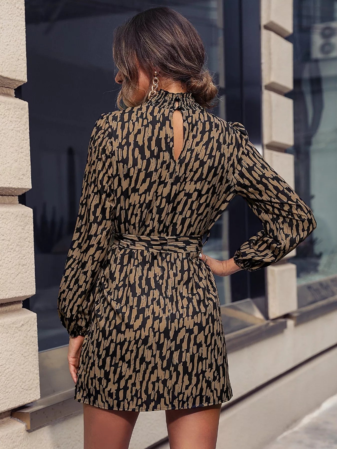 Printed Tie Waist Long Sleeve Dress OutfitFlow