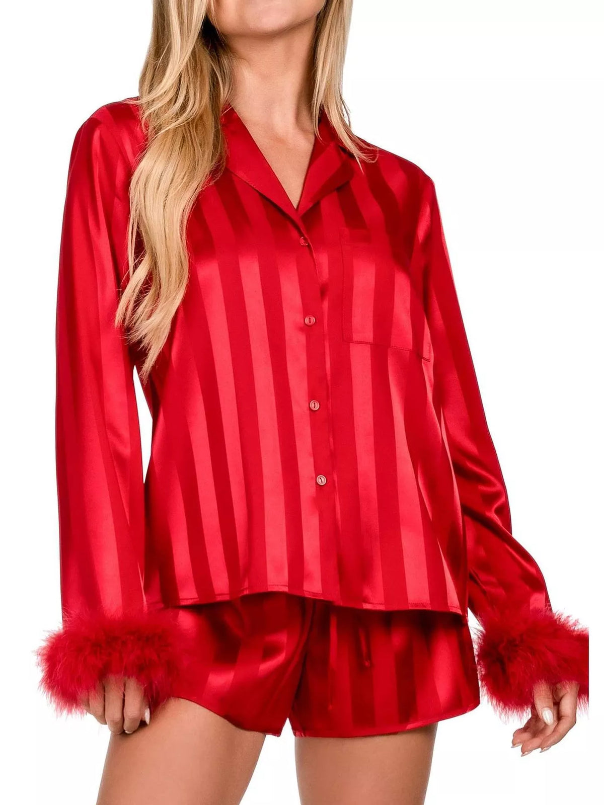 Striped Feather Trim Shirt and Shorts Lounge Set Red OutfitFlow