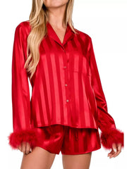 Striped Feather Trim Shirt and Shorts Lounge Set Red OutfitFlow