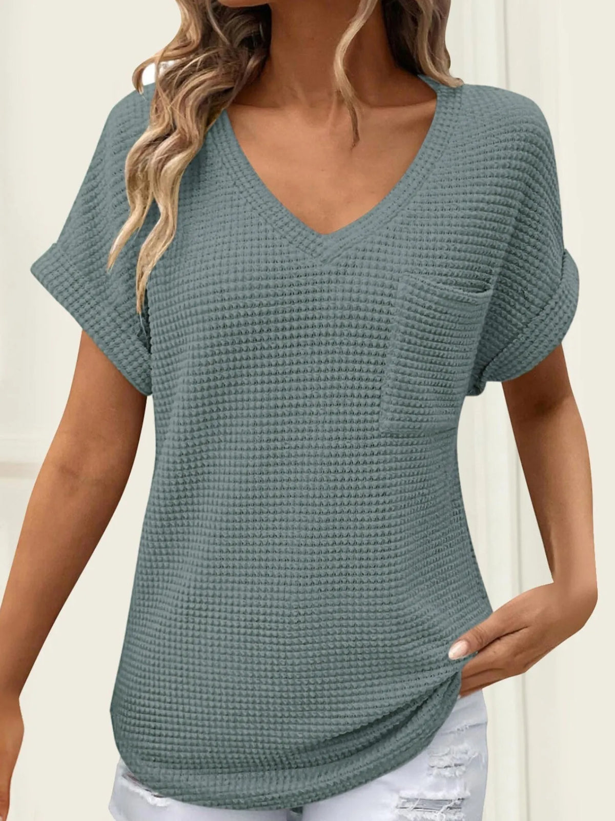 Waffle Knit V-Neck Casual T-Shirt Air Force Blue OutfitFlow
