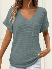 Waffle Knit V-Neck Casual T-Shirt Air Force Blue OutfitFlow