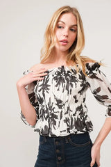 And The Why Smocked Off-Shoulder Floral Printed Top OutfitFlow
