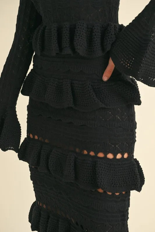 MABLE Long Sleeve Tiered Ruffle Knit Midi Dress OutfitFlow