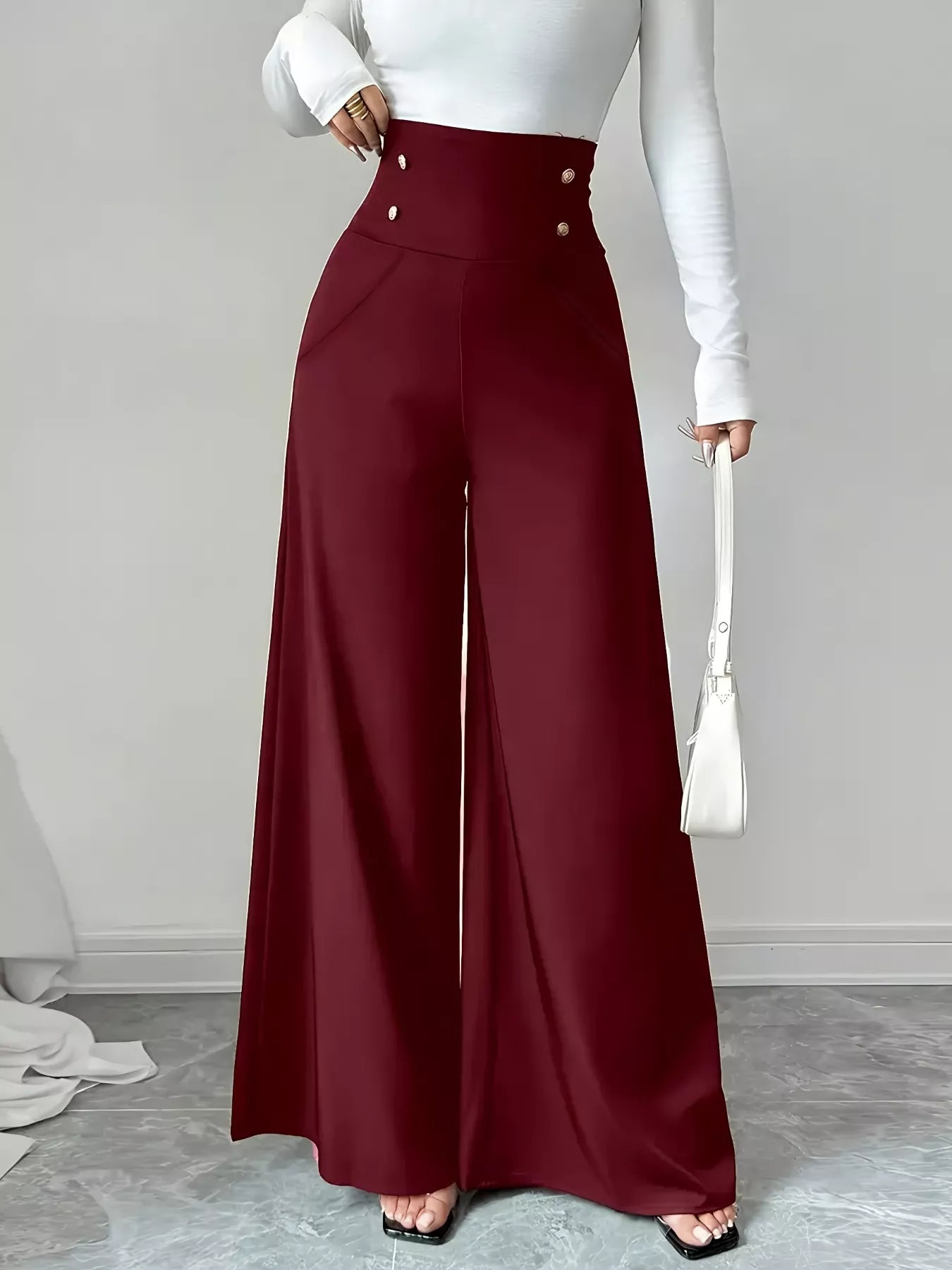 High Waist Wide Leg Button Decor Pants OutfitFlow