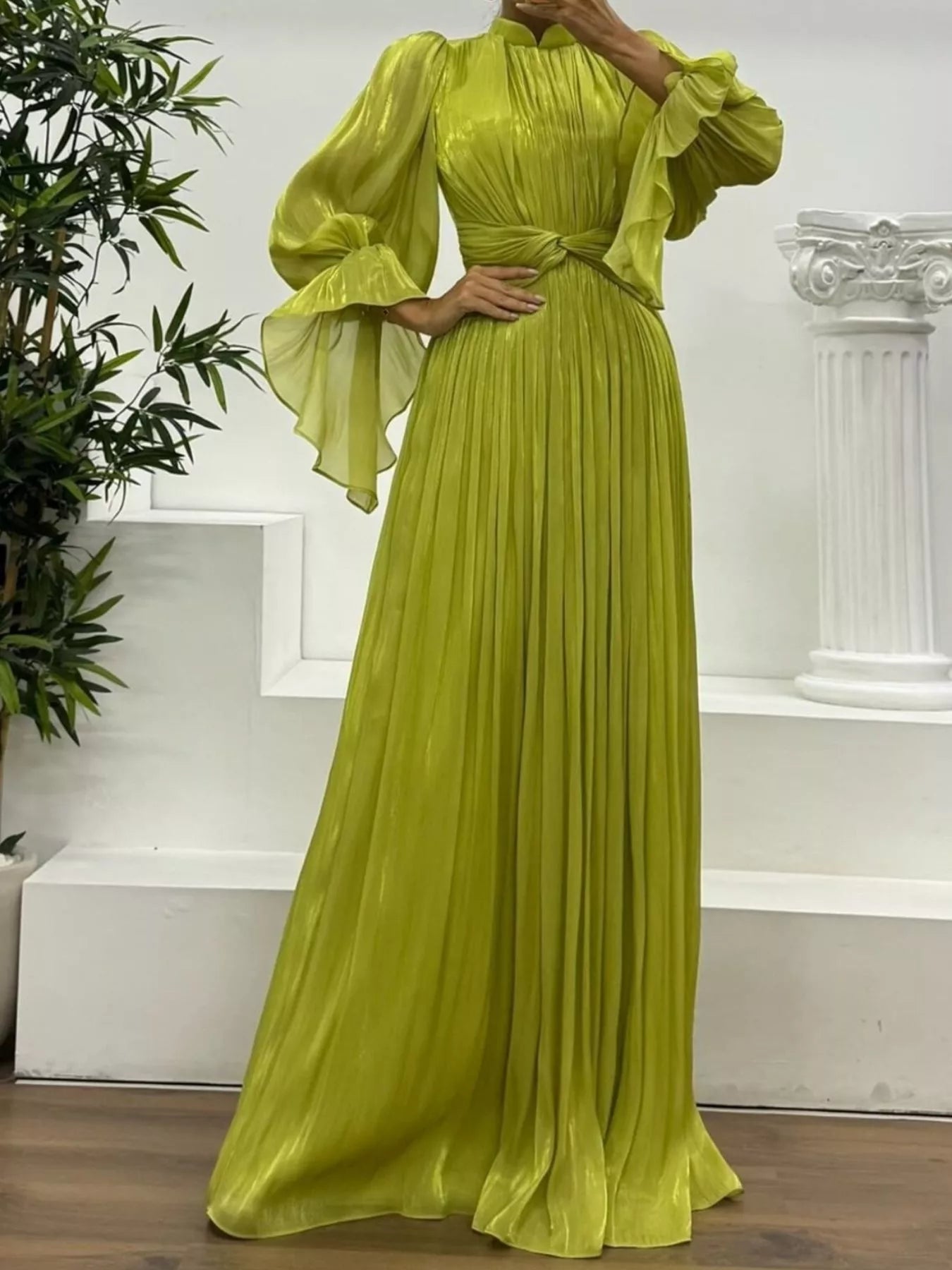 Pleated Mock Neck Long Sleeve Maxi Dress OutfitFlow