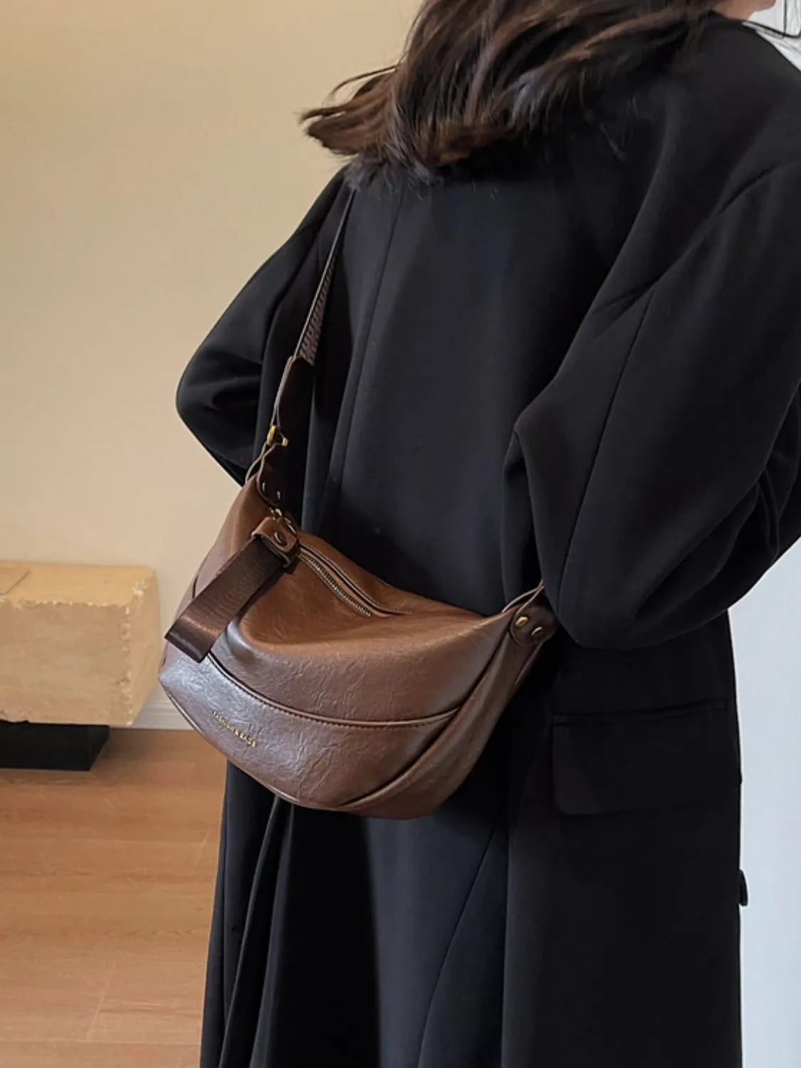 Leather Shoulder Bag with Woven Strap OutfitFlow