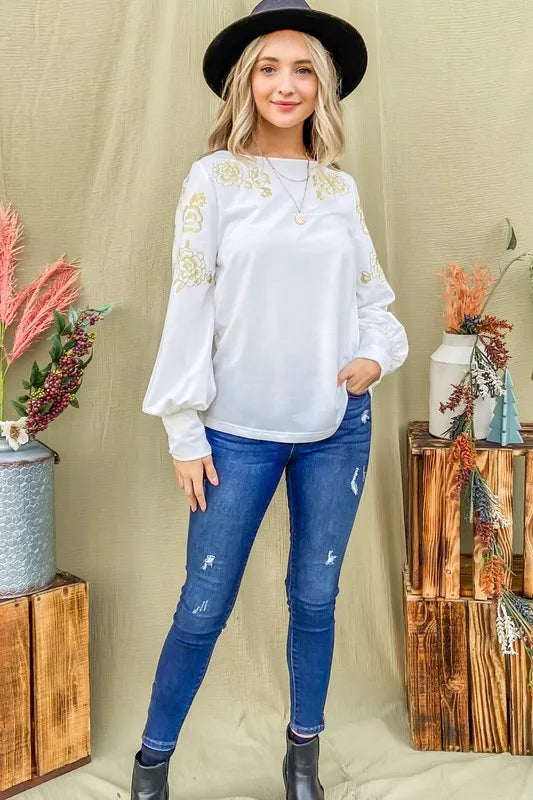 And The Why Flower Gold Embroidery Shoulder Detailed Top OutfitFlow