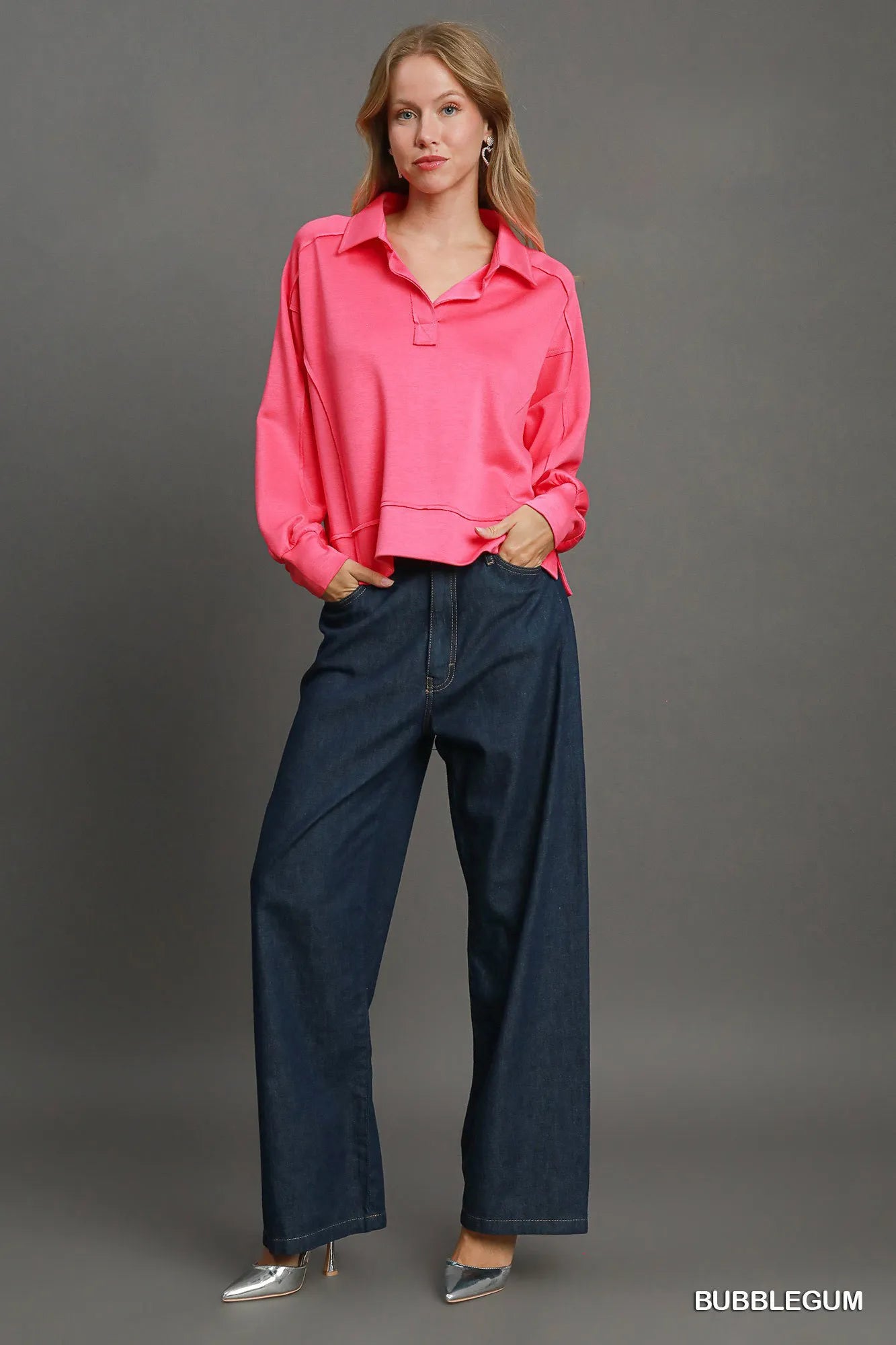 Umgee Exposed Seam Long Sleeve Polo Top with Side Slit OutfitFlow