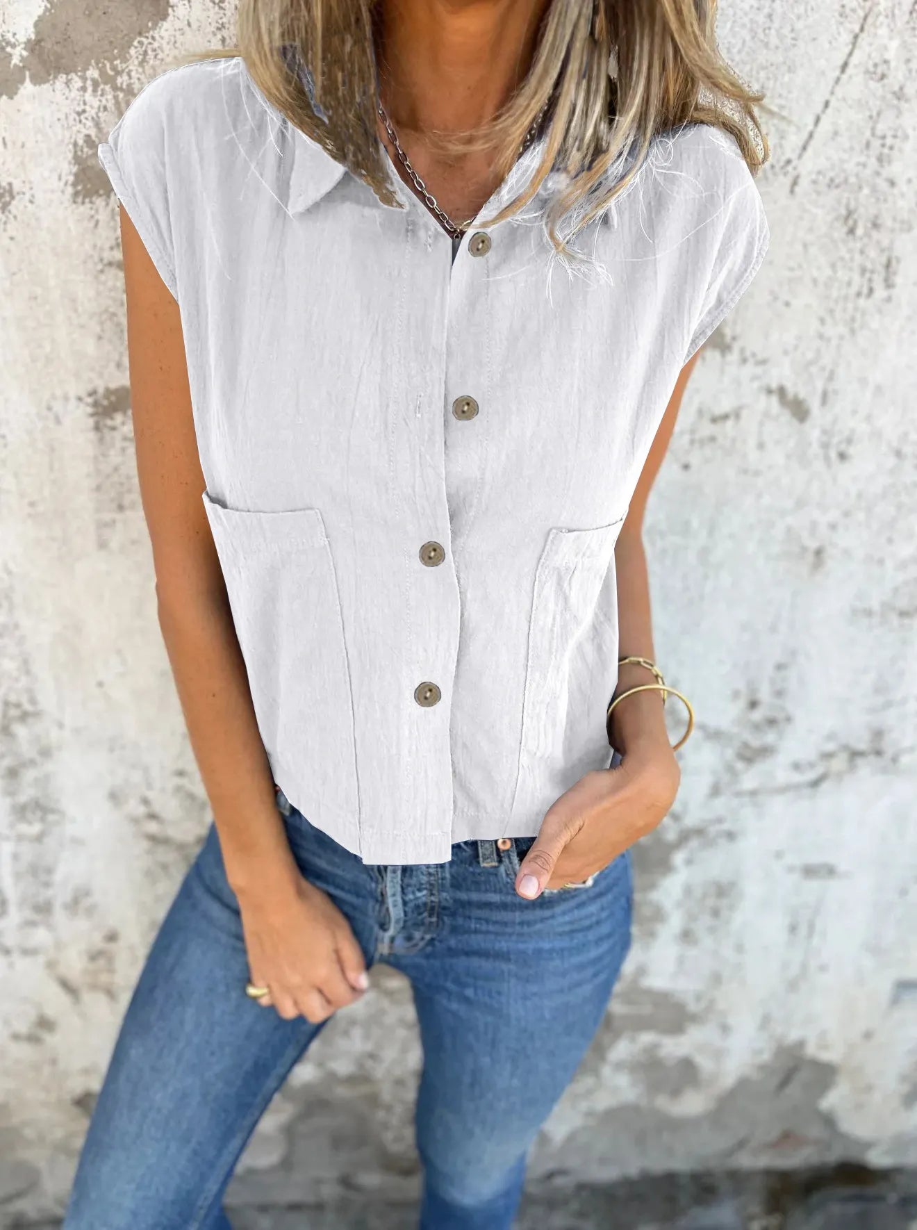 Full Size Button Down Cap Sleeve Linen Shirt Plus Size White OutfitFlow