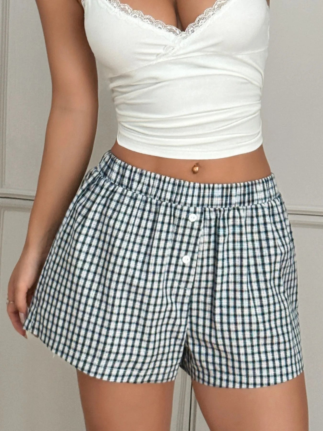 Gingham Mini Shorts with Elastic Waistband OutfitFlow