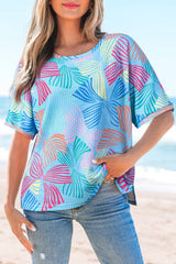 Printed Round Neck Half Sleeve Top Pastel Blue OutfitFlow