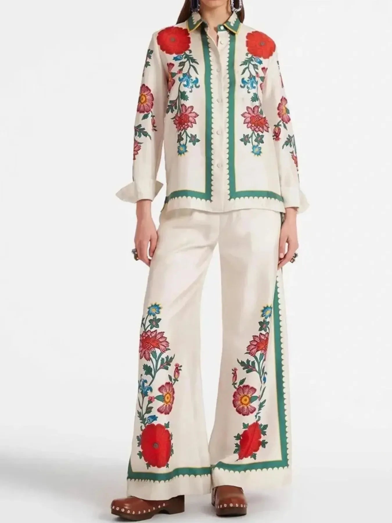 Floral Button Up Shirt and Pants Set Cream OutfitFlow
