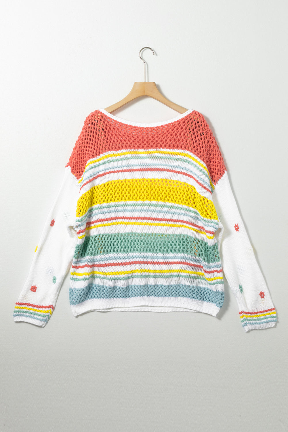 Outfit Flow - Hollow Striped Color Block Round Neck Sweater