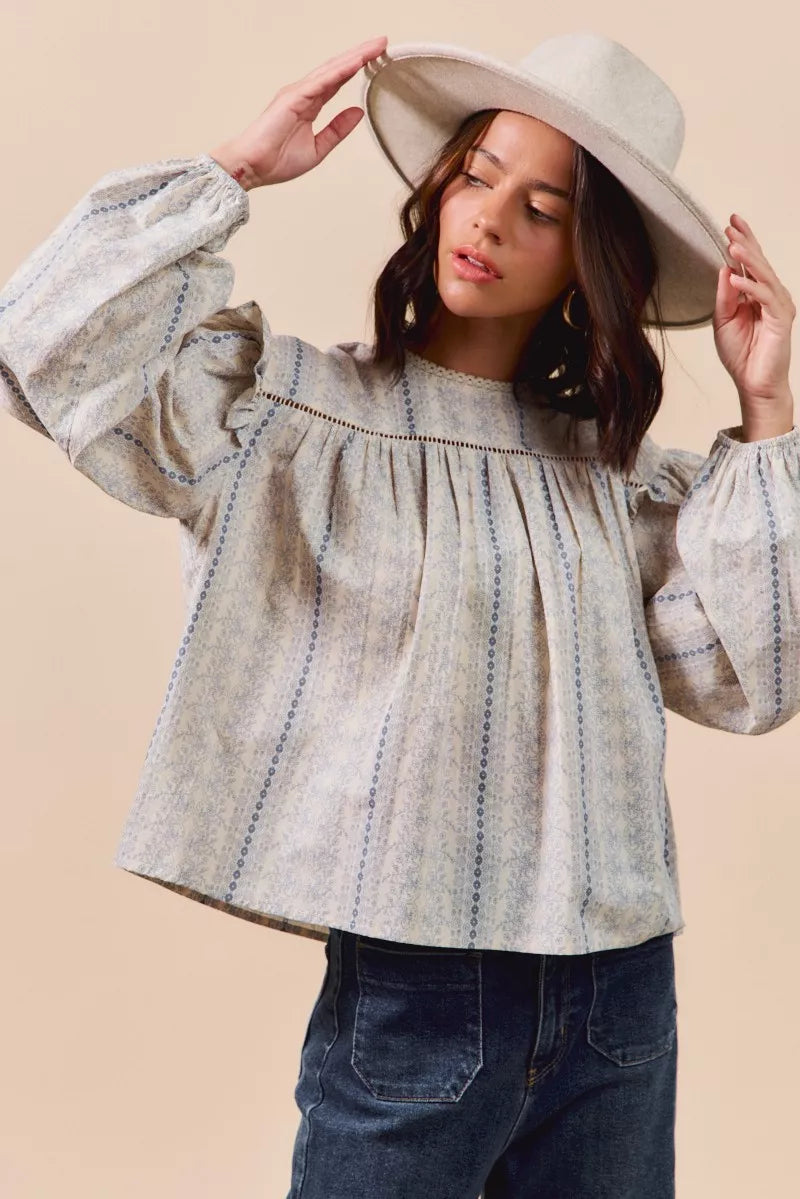 SO ME Floral Cotton Print Ruffled Long Sleeve Blouse OutfitFlow