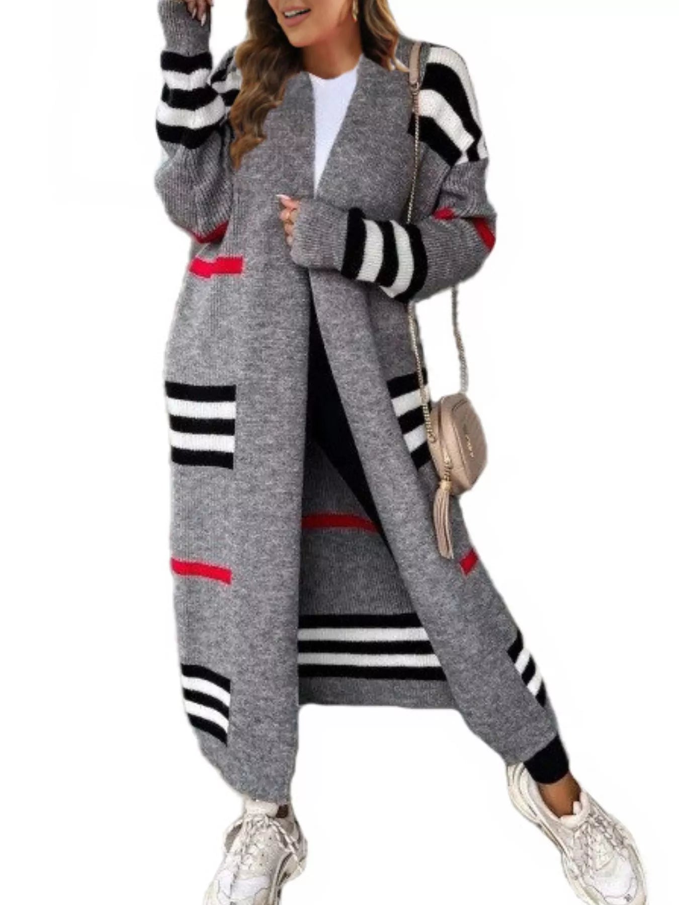 Striped Longline Open Front Cardigan Gray OutfitFlow