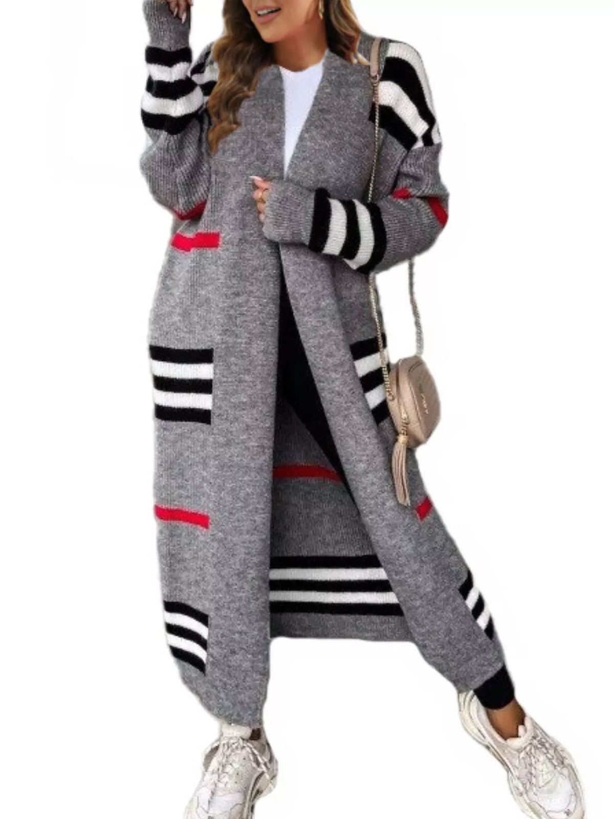 Striped Longline Open Front Cardigan Gray OutfitFlow