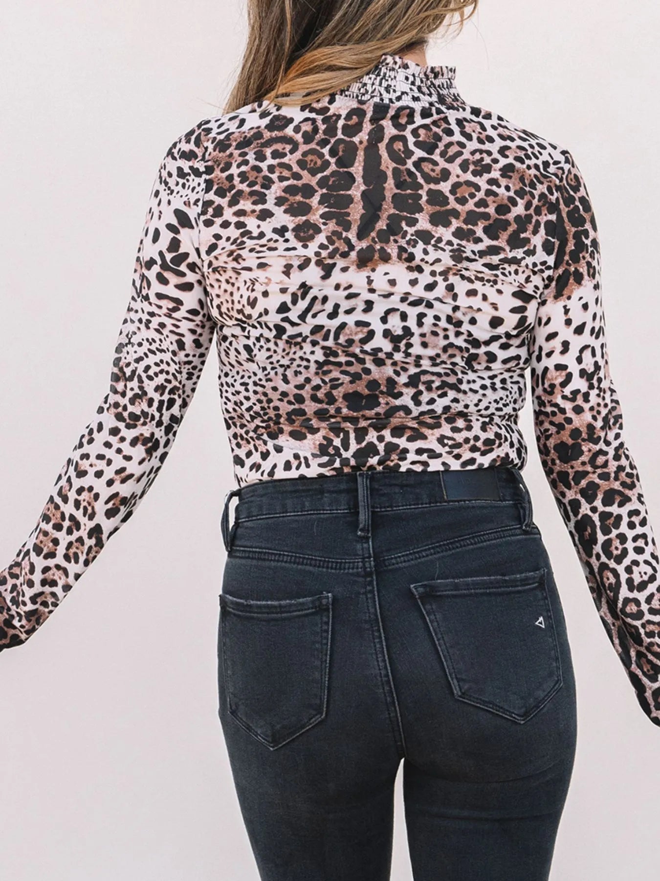 Leopard Print Long Sleeve Mock Neck Bodysuit OutfitFlow