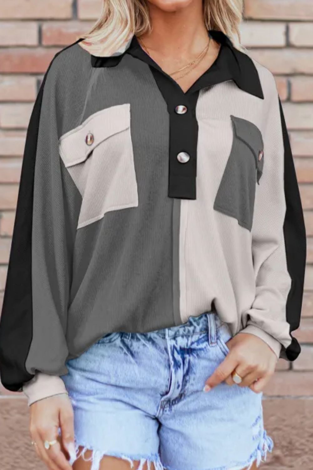 Color Block Collared Neck Long Sleeve Sweatshirt Dark Gray OutfitFlow