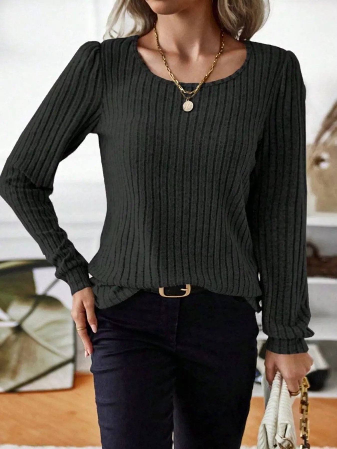 Ribbed Knit Long Sleeve T-Shirt OutfitFlow