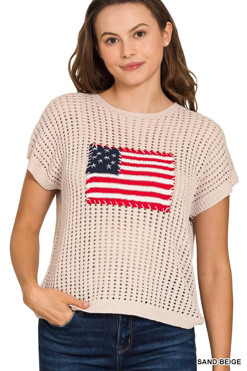 Zenana Viscose American Flag Openwork Knit Top SAND BEIGE OutfitFlow