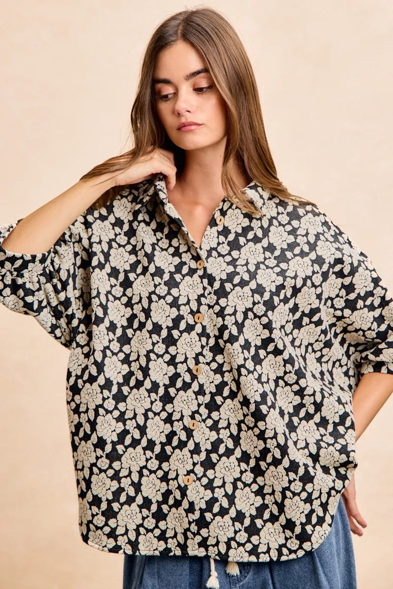 BiBi Floral Jacquard Short Dolman Sleeves Shirt OutfitFlow