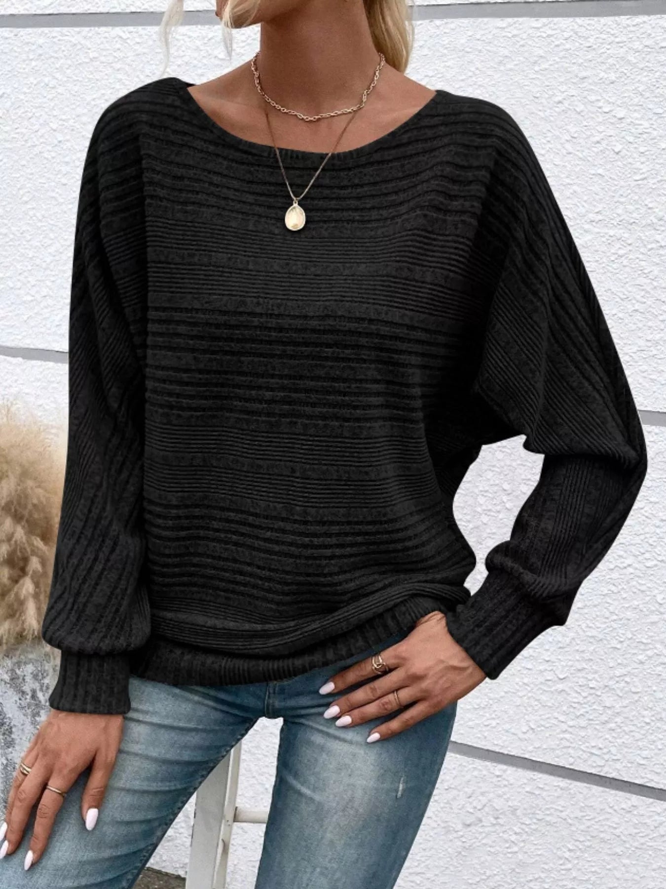 Ribbed Round Neck Long Sleeve Top OutfitFlow