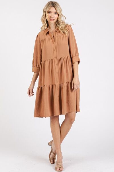 Mittoshop Button Detail Collared Neck Tiered Shirt Dress OutfitFlow