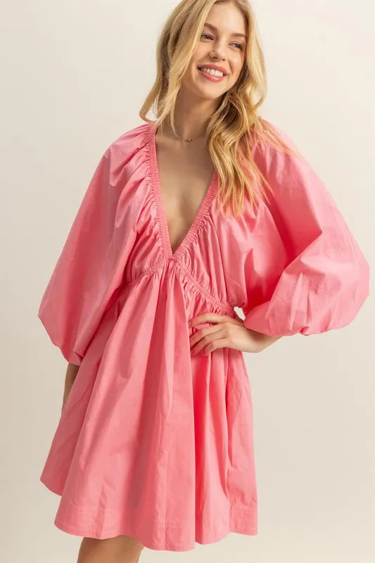 HYFVE Plunge Balloon Sleeve Poplin Mini Dress with Pockets OutfitFlow