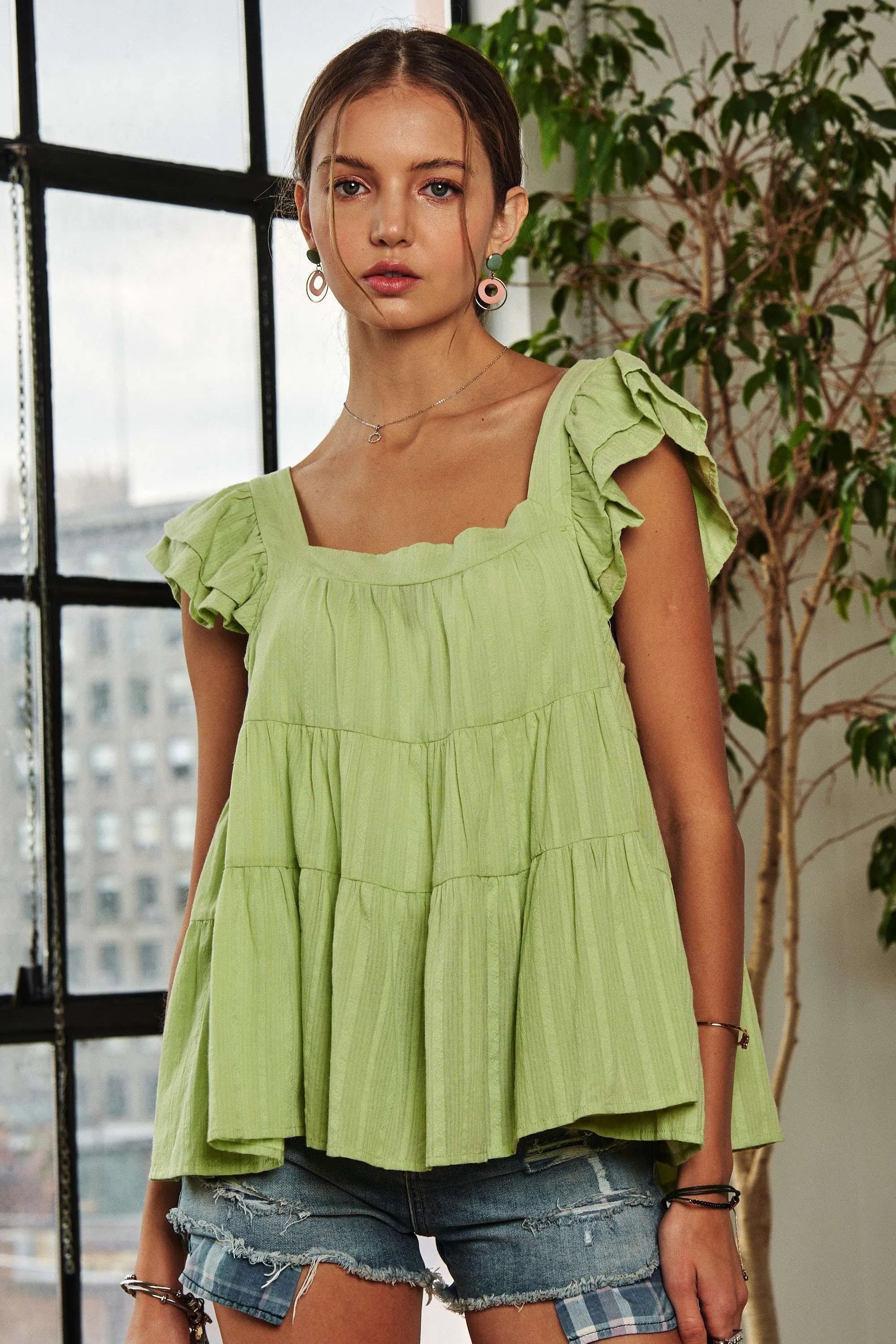 ADORA Ruffle Sleeve Babydoll Tunic Top SAGE OutfitFlow