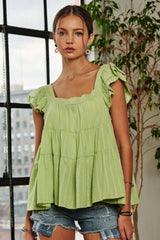 ADORA Ruffle Sleeve Babydoll Tunic Top SAGE OutfitFlow