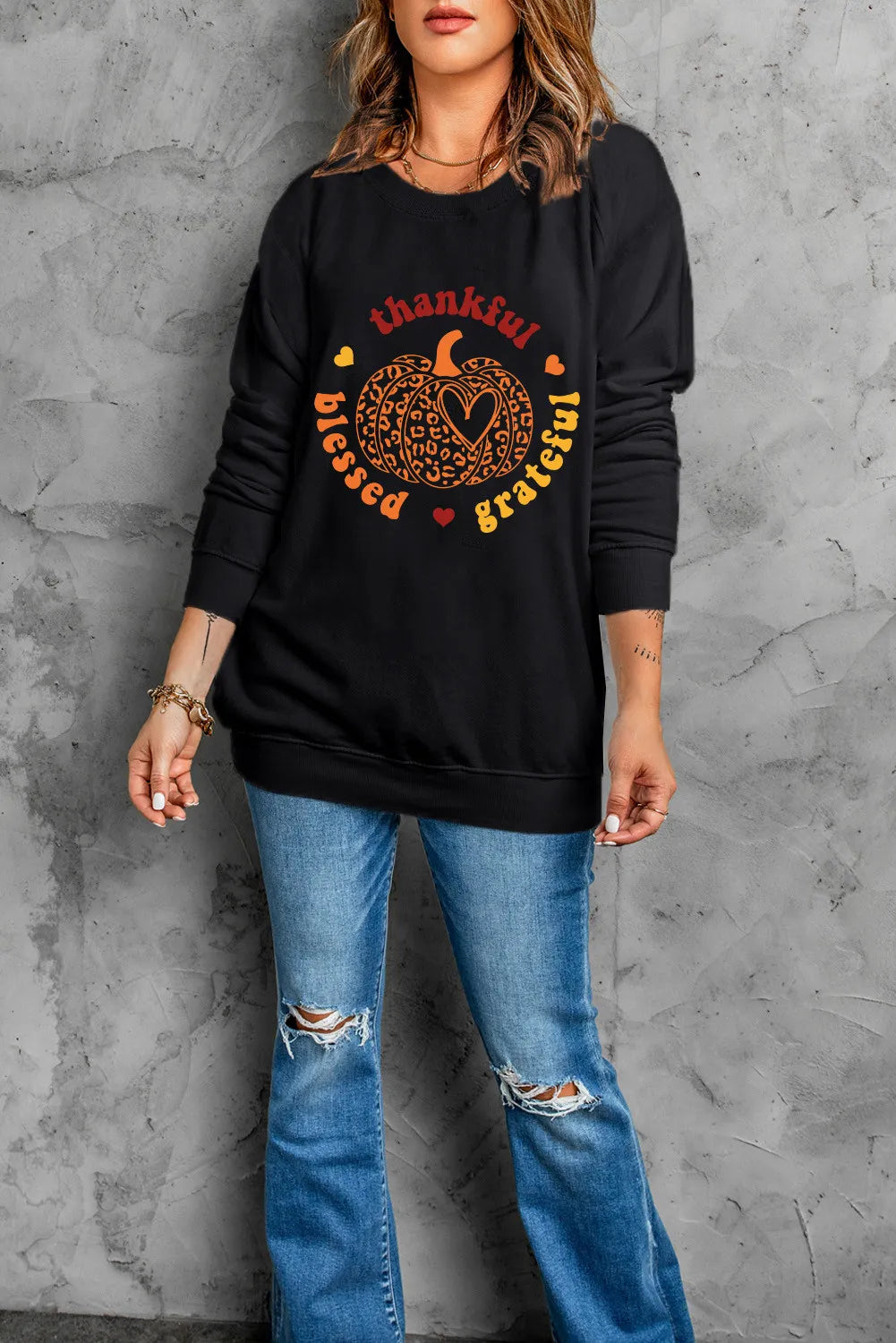 Pumpkin Graphic Long Sleeve Sweatshirt OutfitFlow