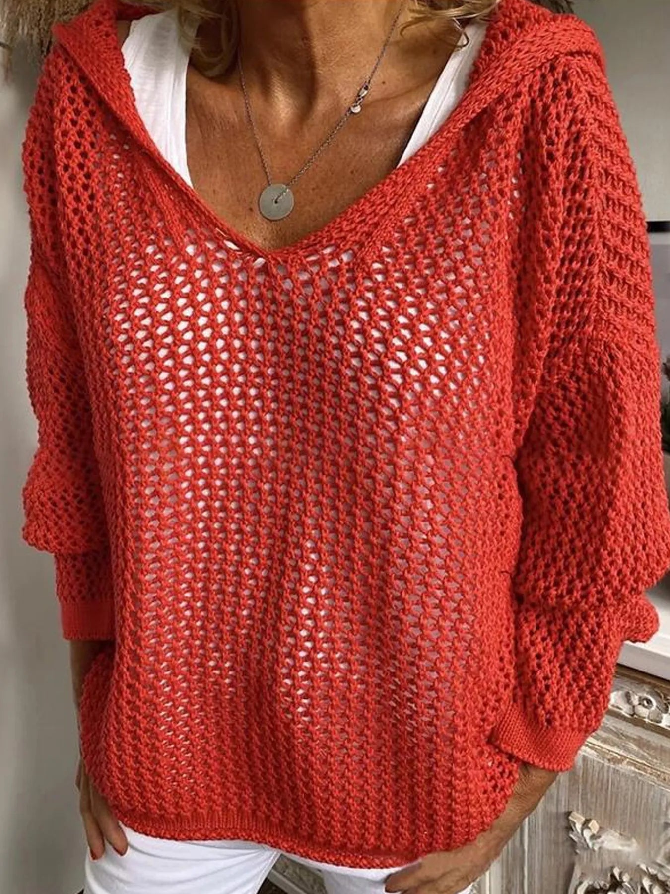 Openwork Long Sleeve Hooded Knit Cover Up Red OutfitFlow