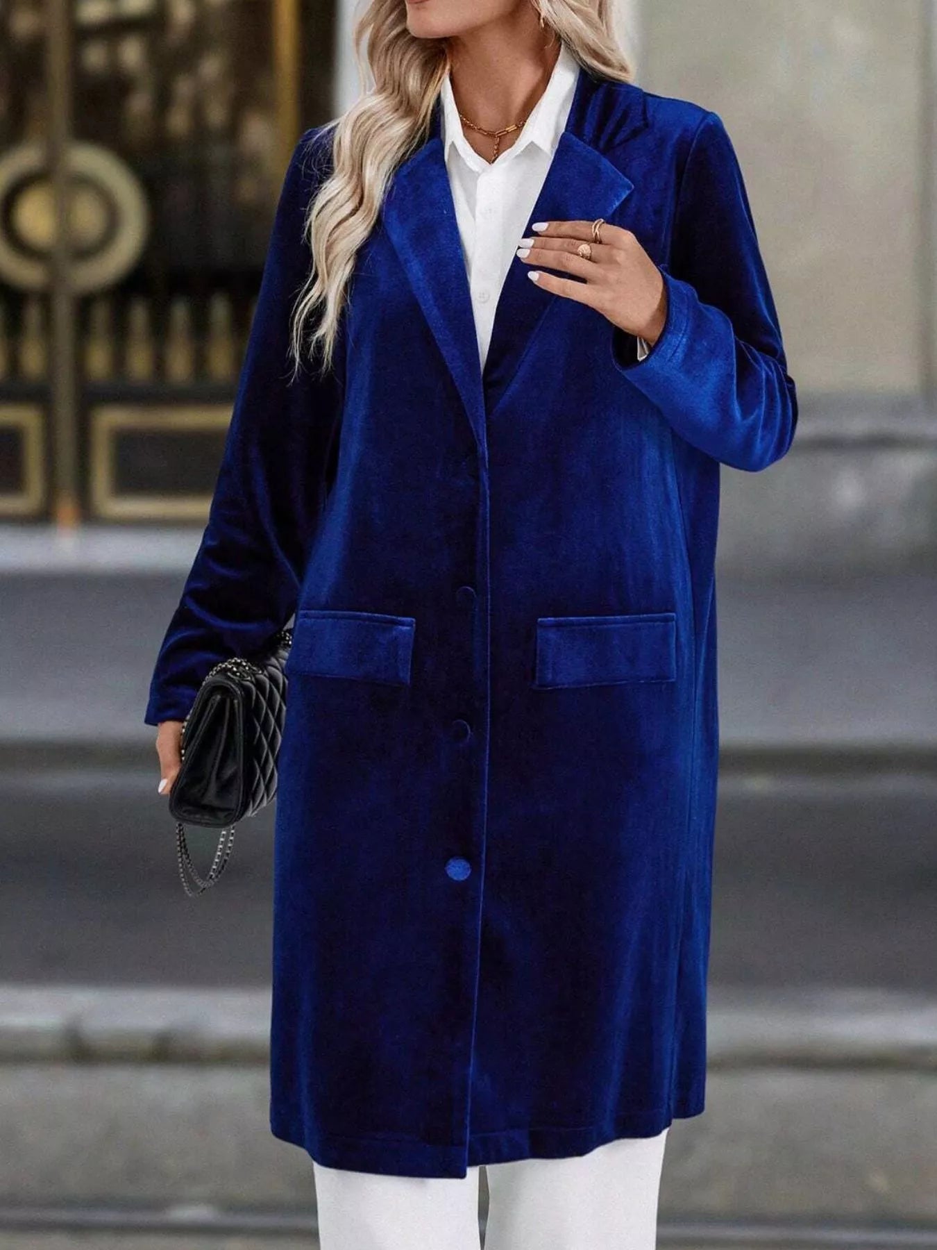 Lapel Collar Long Sleeve Longline Coat OutfitFlow