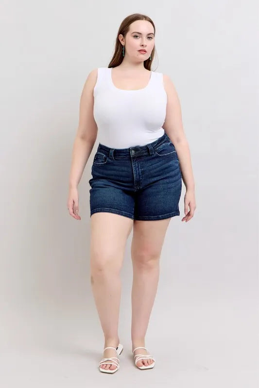 Judy Blue Full Size High Waist Back Flap Pocket Denim Shorts Plus Size OutfitFlow