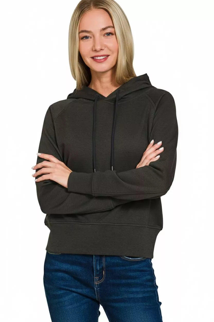 Zenana Drawstring Scuba Hoodie BLACK OutfitFlow