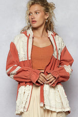 POL Raw Hem Color Block Hooded Jacket OutfitFlow