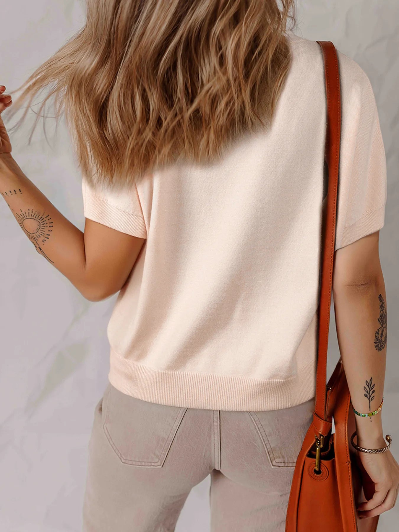 Pearl Embellished Bow Detail Short Sleeve Sweater OutfitFlow