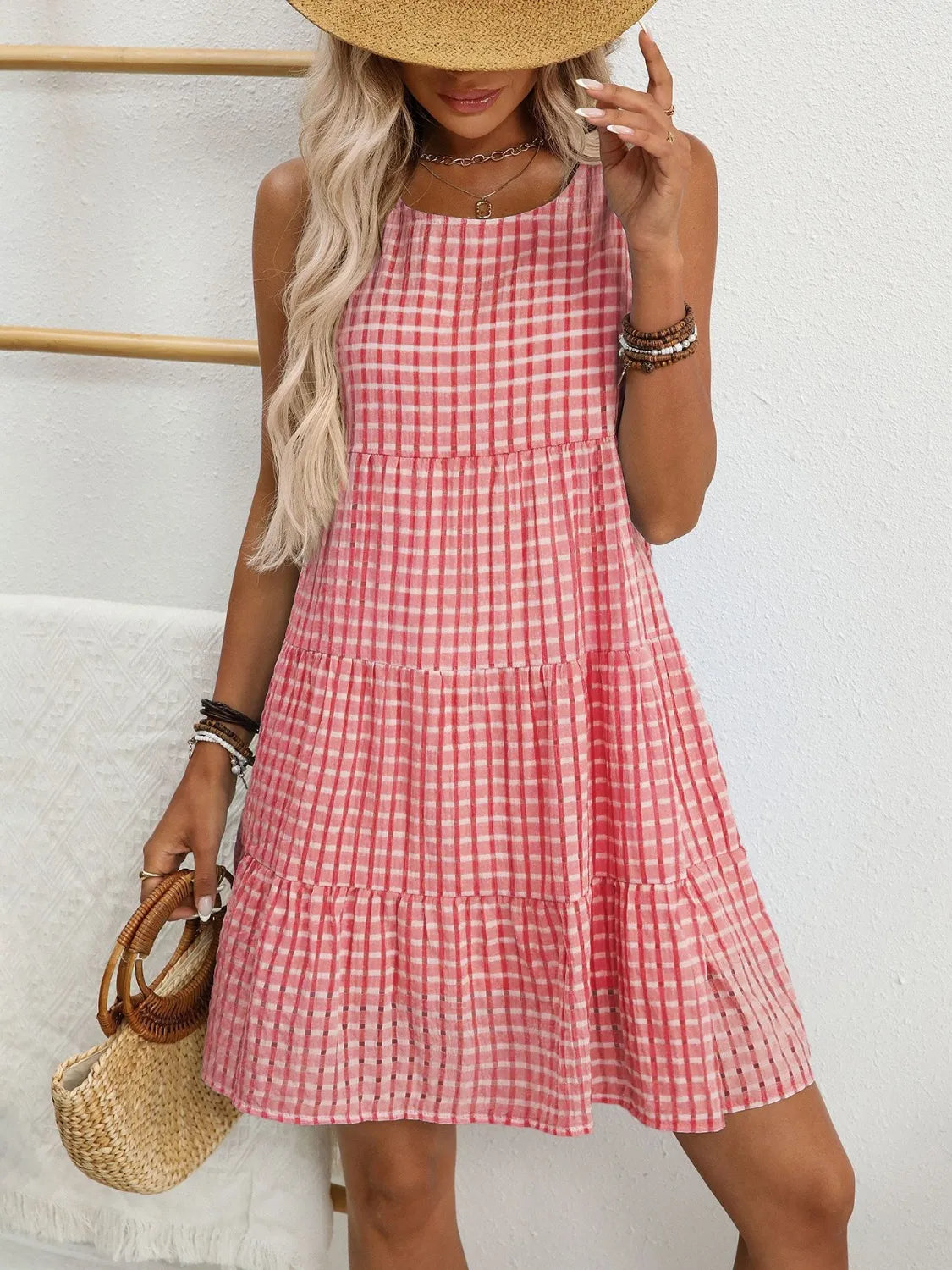 Plaid Round Neck Sleeveless Mini Dress OutfitFlow