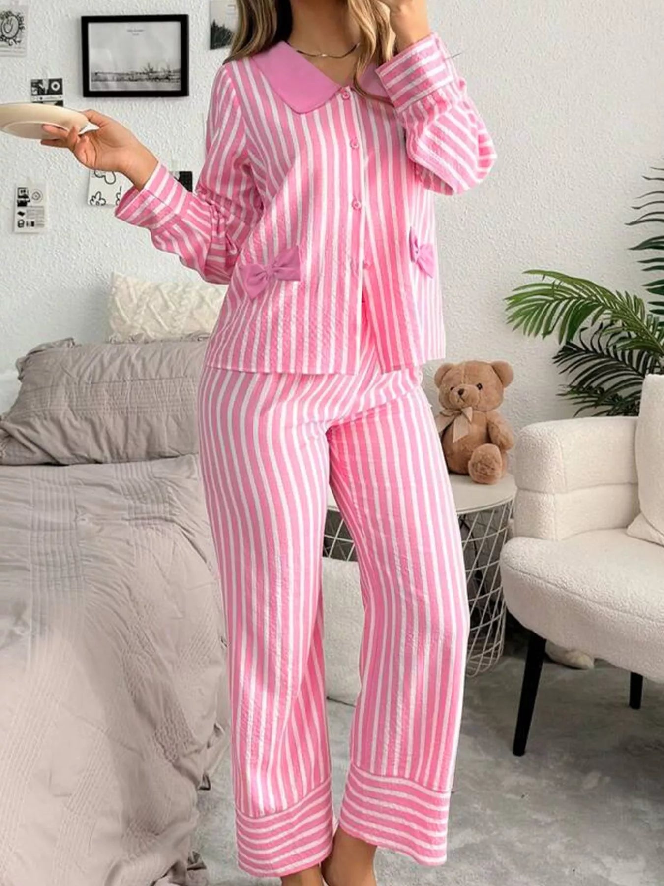 Stripe Buttoned Front Long Sleeve Top and Pants 2 Piece Sleepwear OutfitFlow