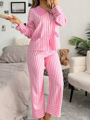 Stripe Buttoned Front Long Sleeve Top and Pants 2 Piece Sleepwear OutfitFlow