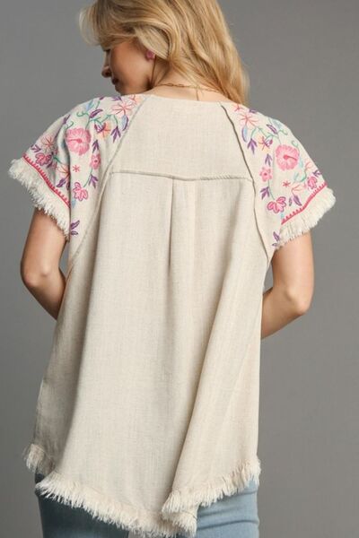 Umgee Full Size Linen Round Neck High Low Hem Frayed Top Plus Size OutfitFlow