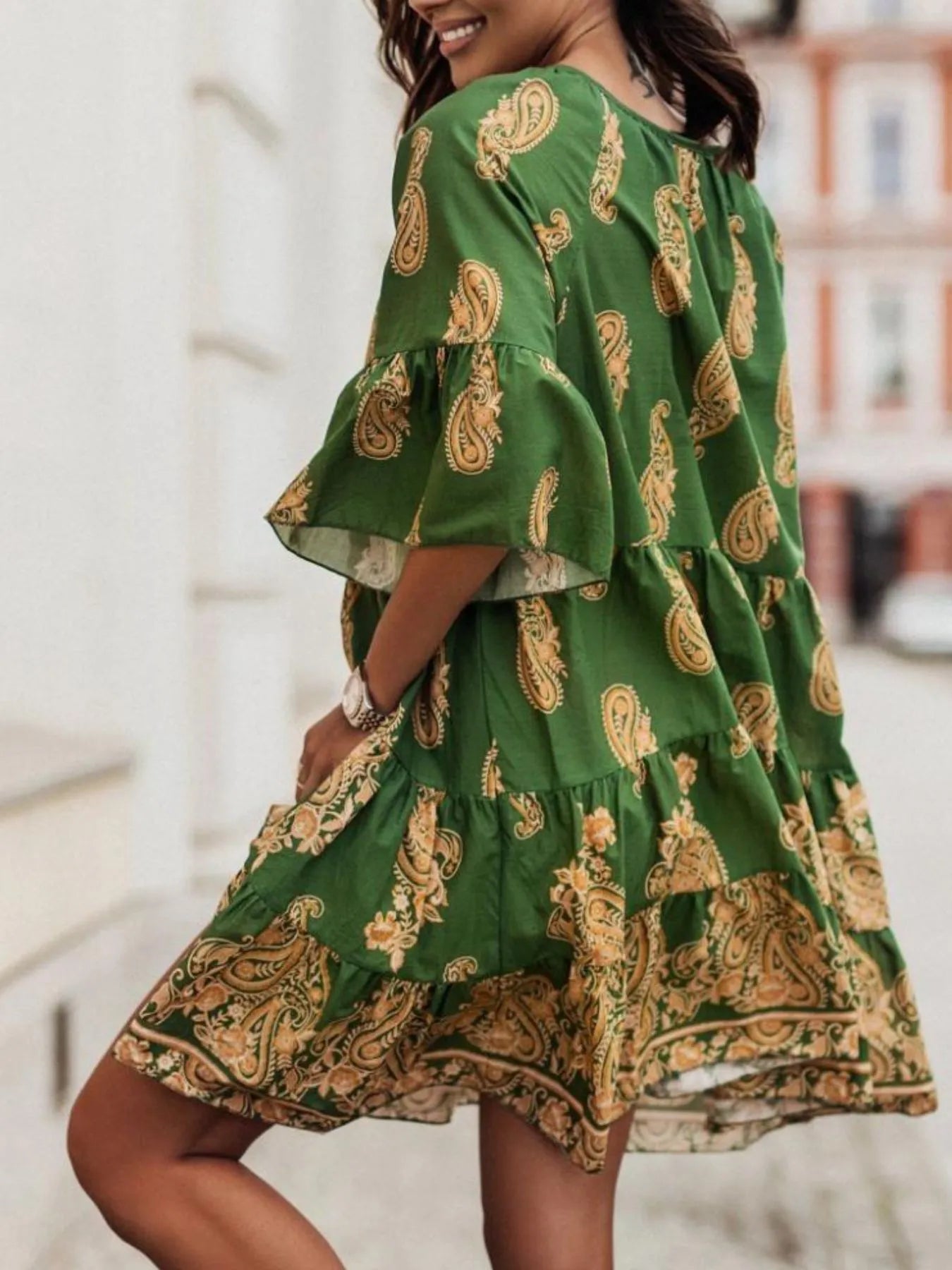 Paisley Print Tie Neck Half Sleeve Mini Dress OutfitFlow