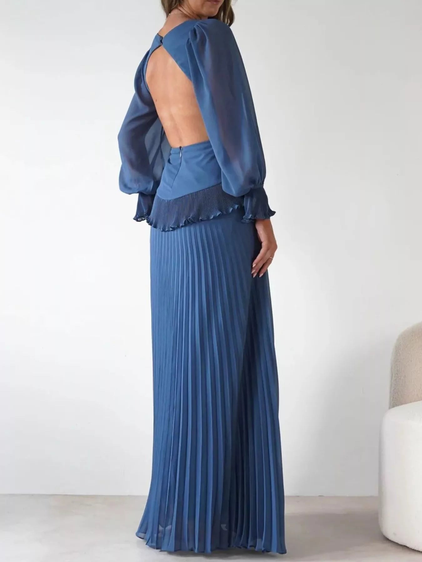 Backless Pleated Long Sleeve Maxi Dress OutfitFlow