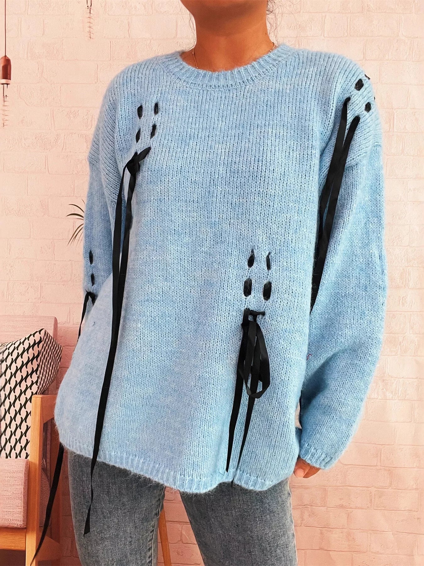 Round Neck Long Sleeve Sweater with Ribbon Details OutfitFlow