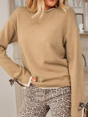 Leopard Bow Decor Split Cuff Contrast Trim Sweater OutfitFlow