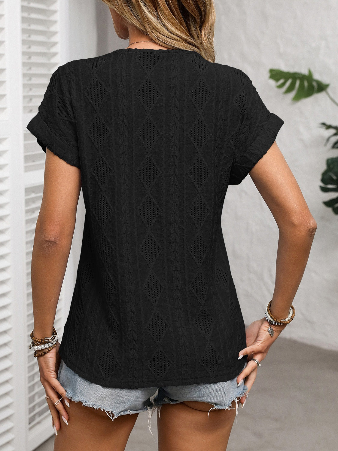 Openwork V-Neck Short Sleeve T-Shirt OutfitFlow