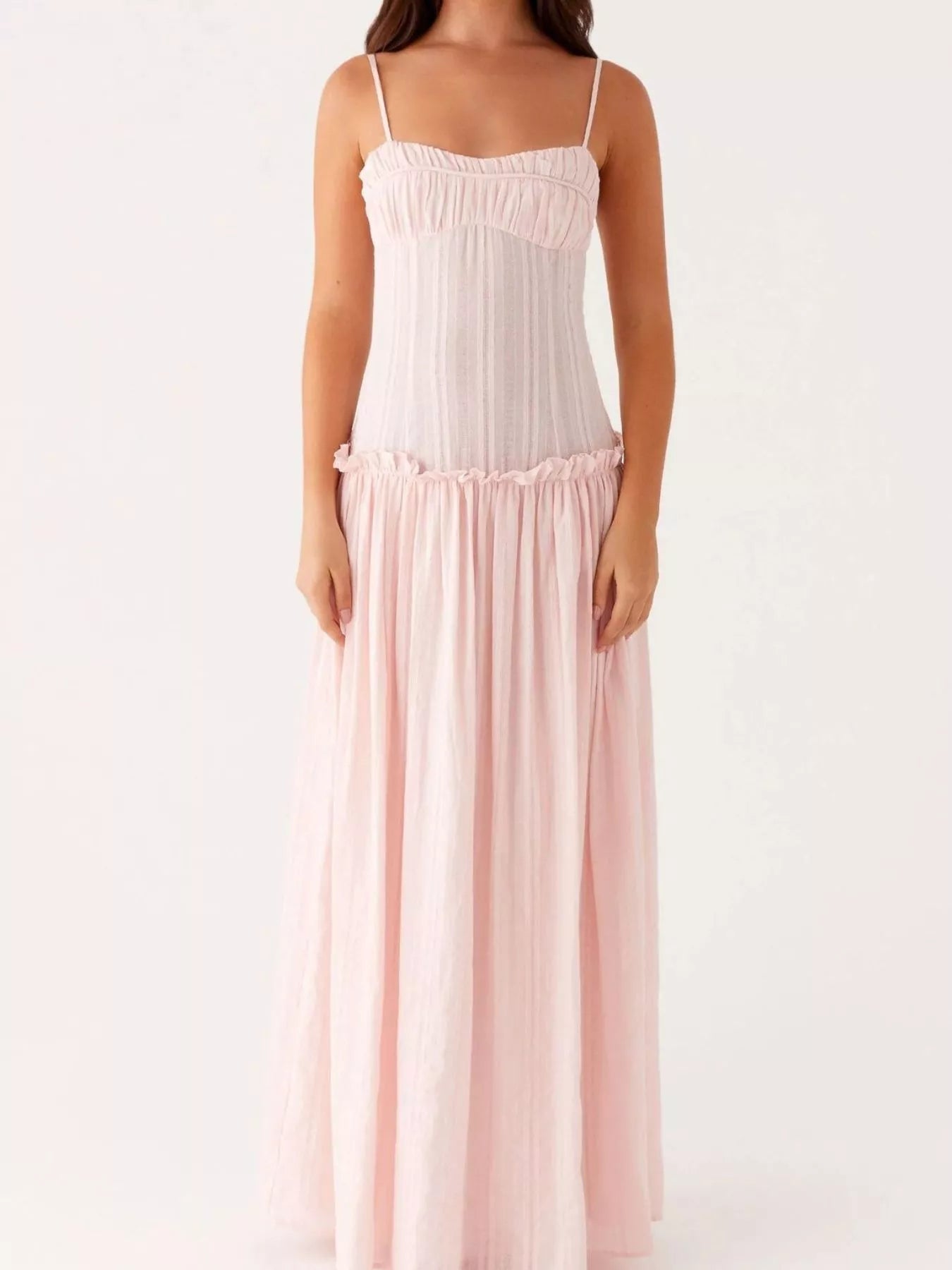 Frill Spaghetti Strap Maxi Dress OutfitFlow