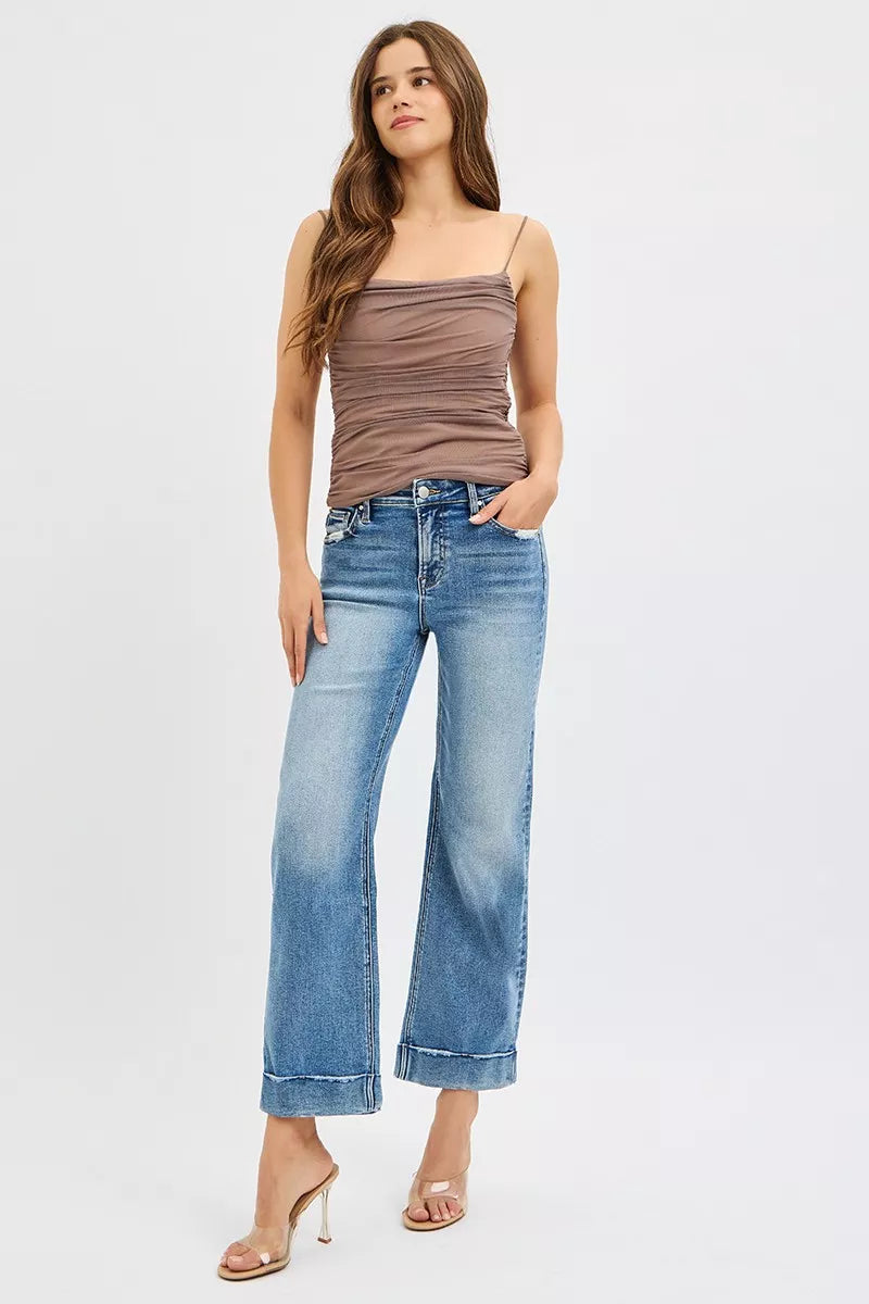 RISEN Full Size Mid Rise Crop Straight Jeans with Taylor Cuffed Plus Size OutfitFlow